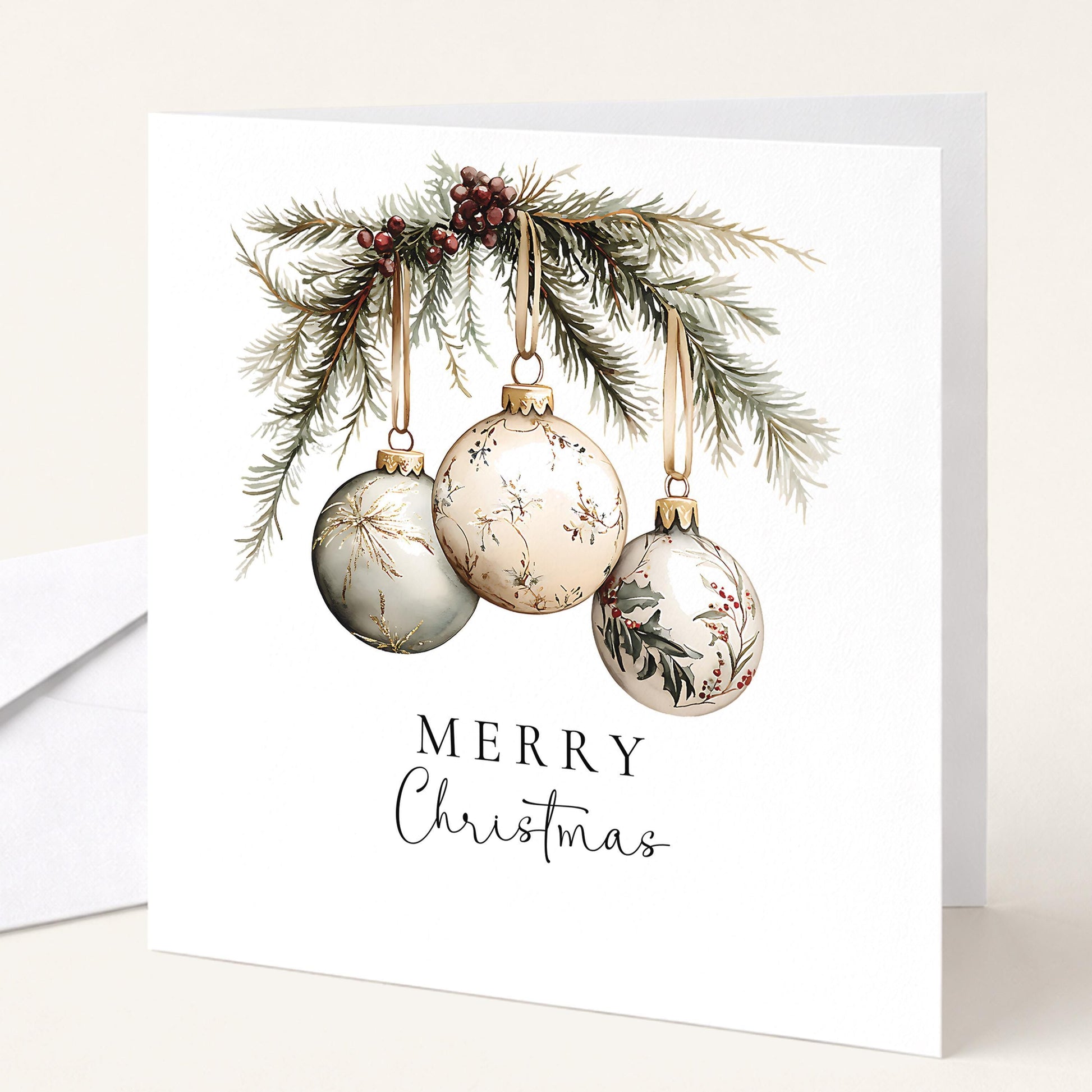 An elegant hanging bauble Christmas card, personalised with custom names, printed on 300gsm card