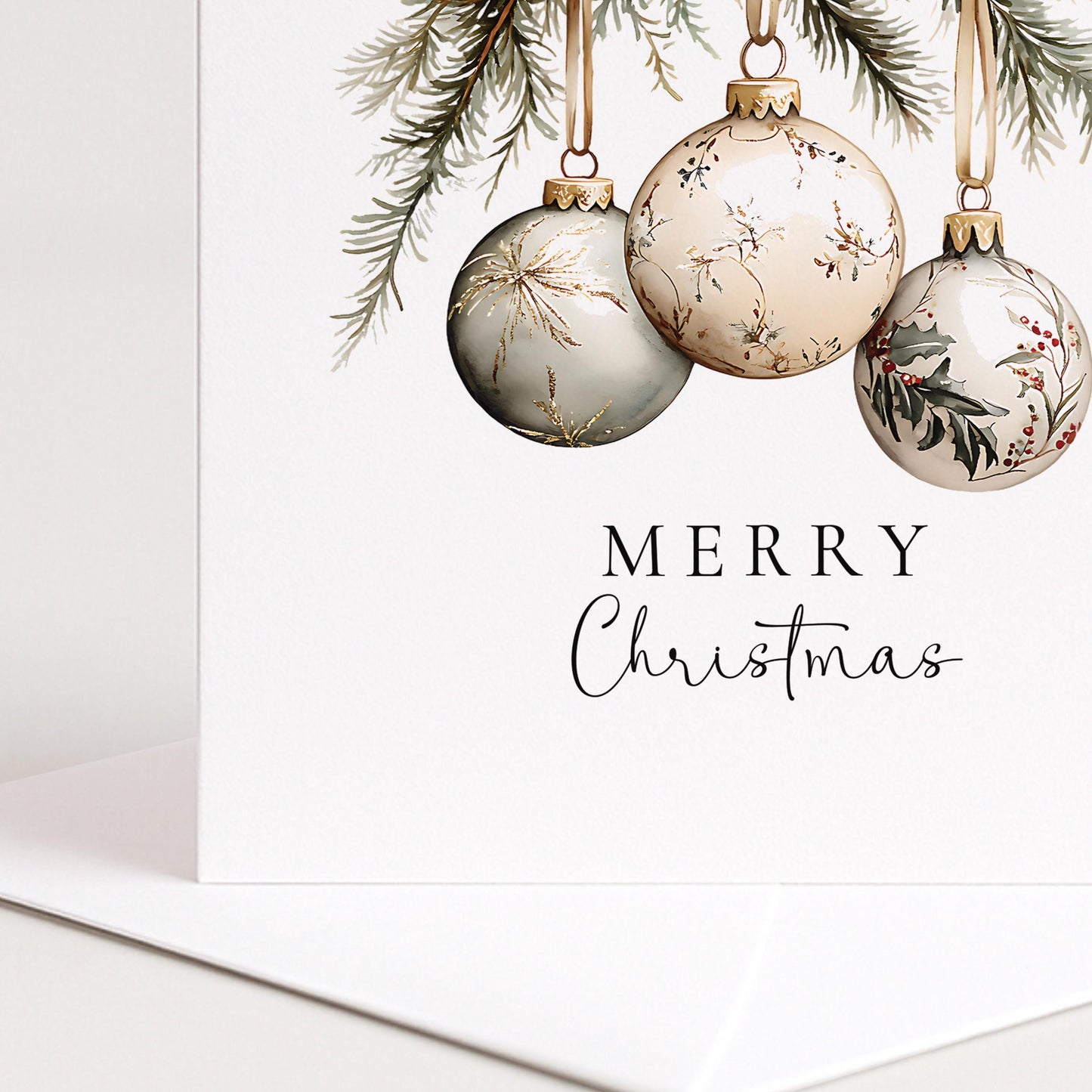 An elegant hanging bauble Christmas card, personalised with custom names, printed on 300gsm card