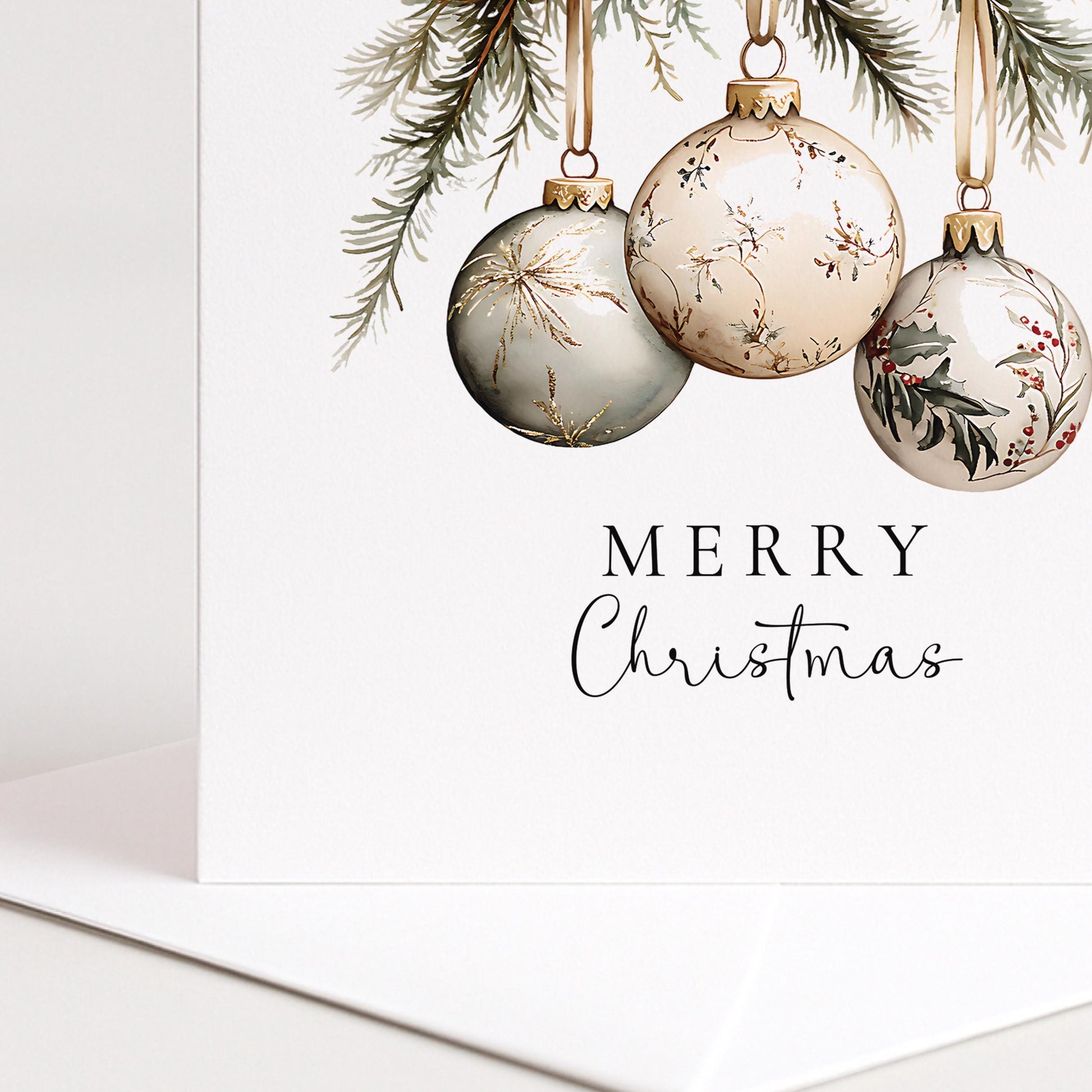 An elegant hanging bauble Christmas card, personalised with custom names, printed on 300gsm card