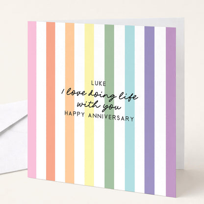 Personalised Anniversary Card Partner, I Love Doing Life With You Card, Rainbow Stripe Anniversary Card, Happy Anniversary Card Husband