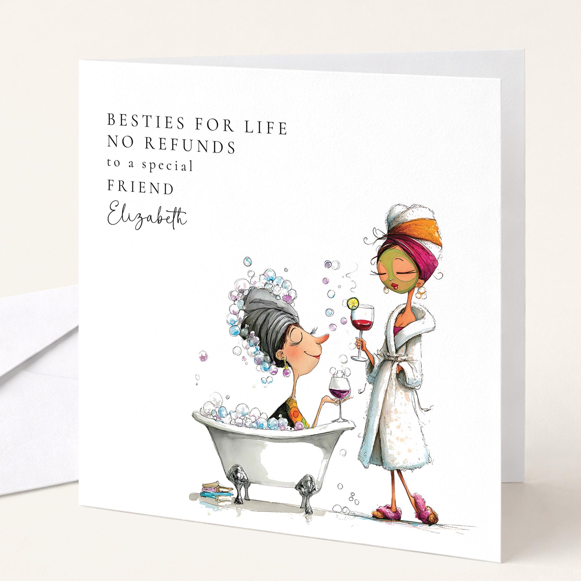Funny Best Friend Birthday Card, Besties for Life No Refunds Personalised Card, Spa Day Friend Card, Humorous Friendship Card for Her