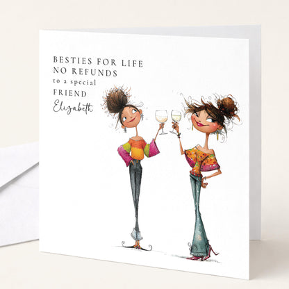 Funny Best Friend Birthday Card, Besties for Life No Refunds Personalised Card, Wine Friends Card for Her, Witty Friendship Birthday Card