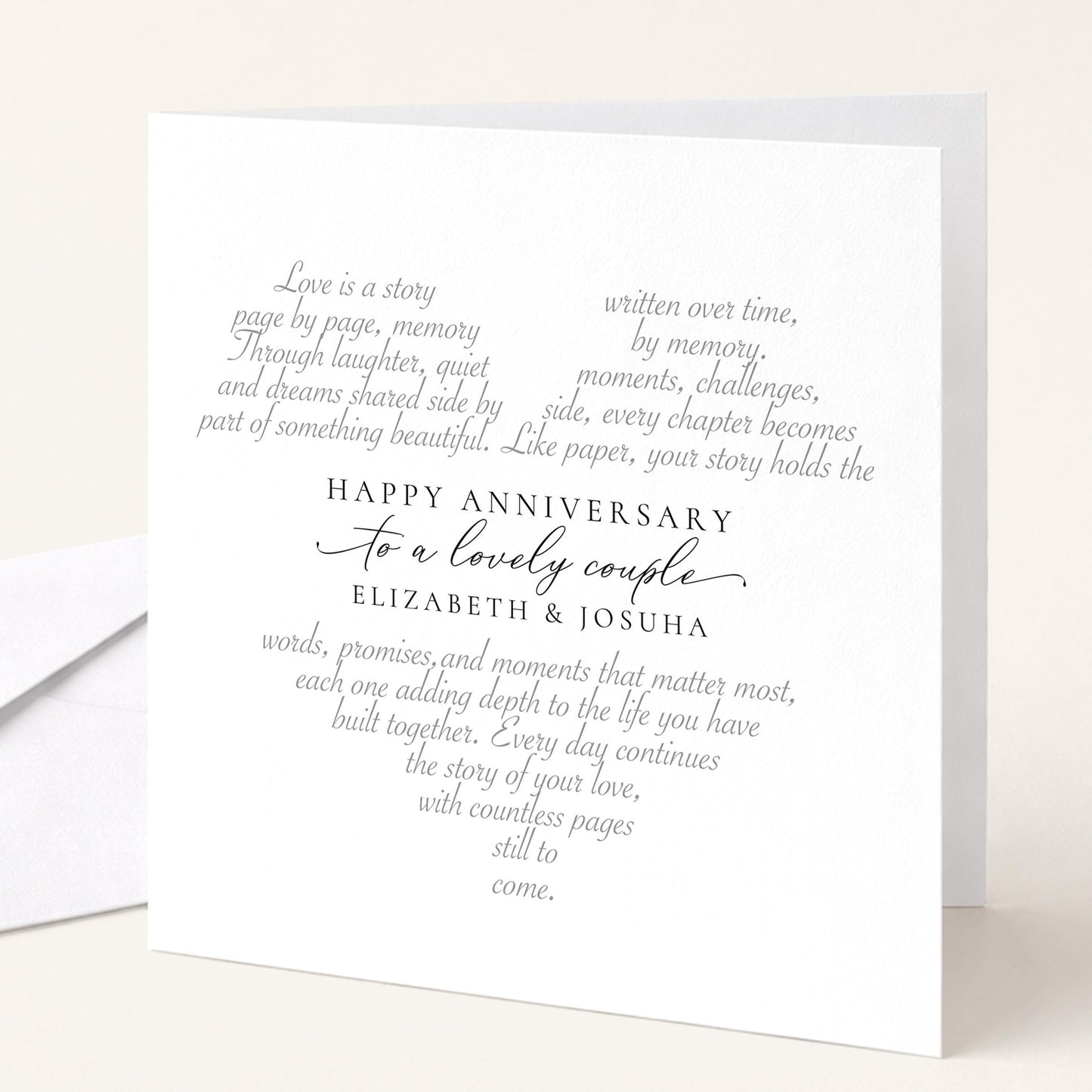 A stunning personalised anniversary card for a couple featuring a beautiful love poem design. Add their names!, printed on 300gsm card