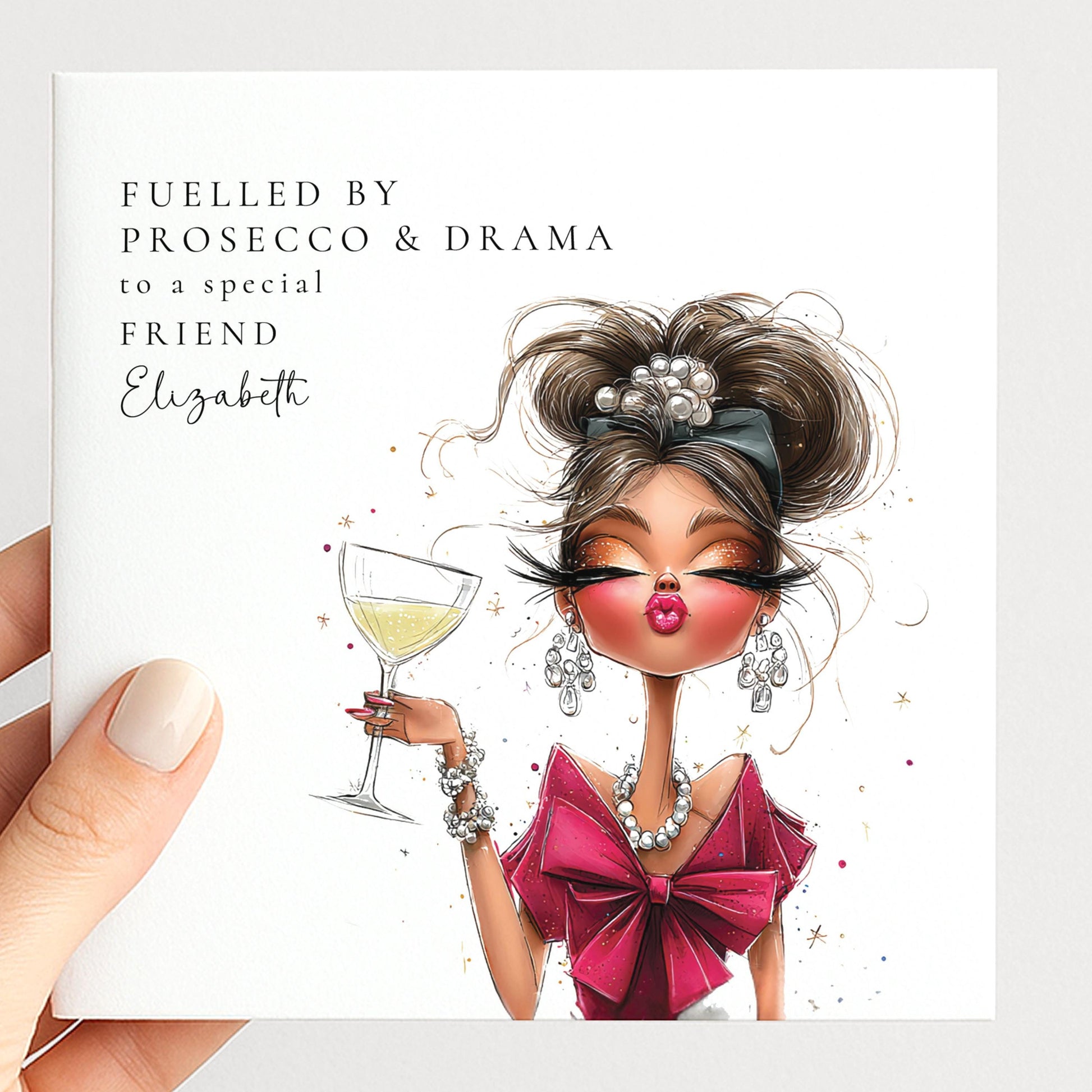 Funny Birthday Card Friend, Fuelled by Prosecco and Drama Glam Lady Card, Personalised Humorous Card Her, Witty Stylish Friend Birthday