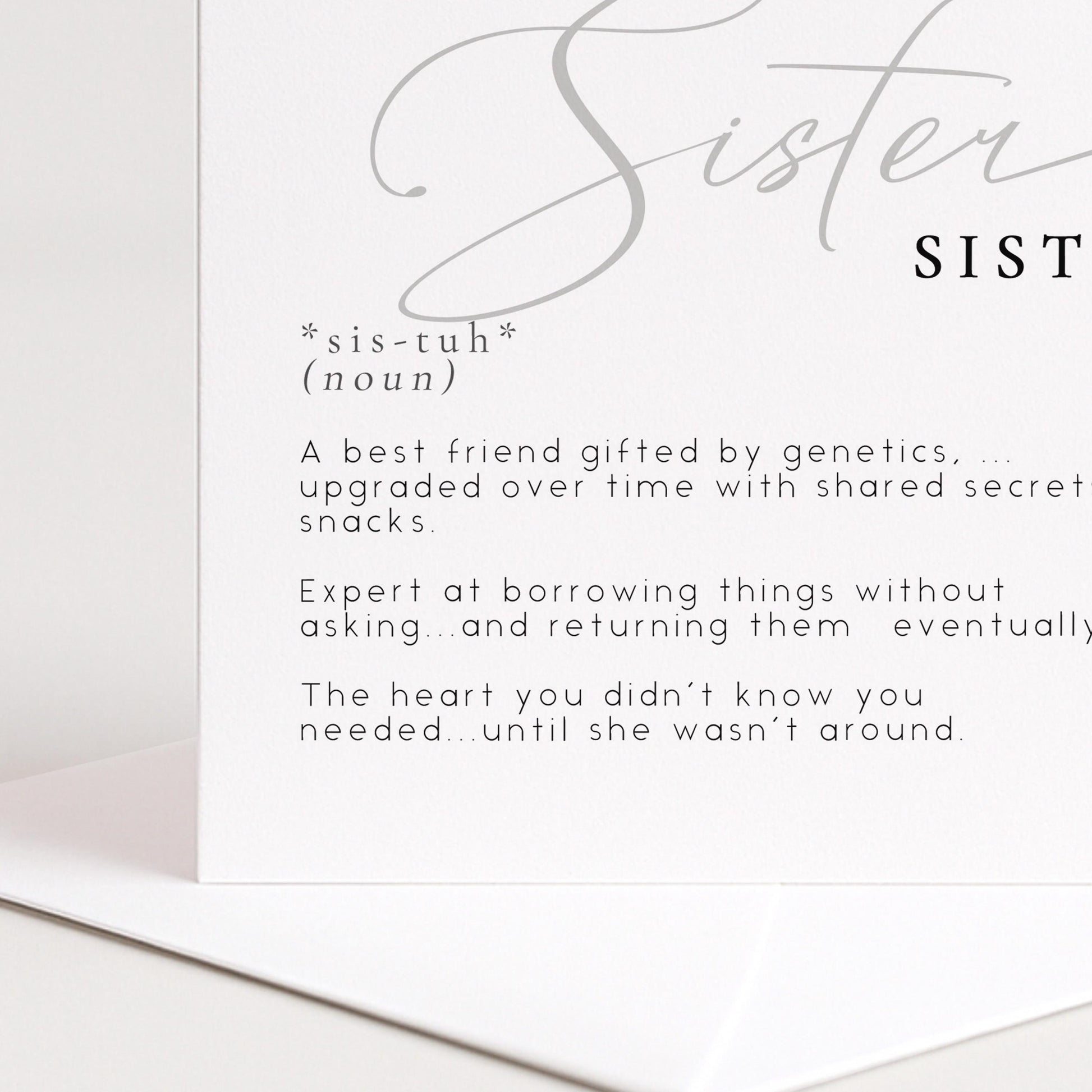 Sister Birthday Card, Dictionary Meaning Sister Birthday, Sentimental Minimalist Card for Sister, From Brother or Sister, Sister Definition