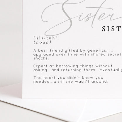 Sister Birthday Card, Dictionary Meaning Sister Birthday, Sentimental Minimalist Card for Sister, From Brother or Sister, Sister Definition