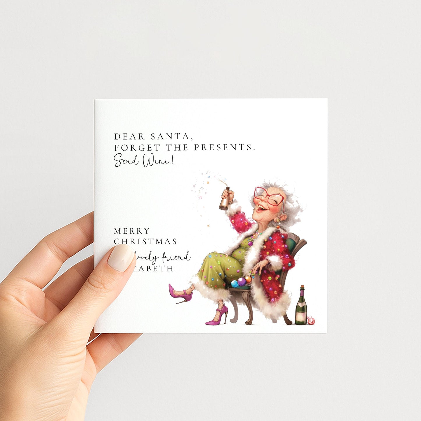 A funny fizz-popping Christmas card for a friend, personalised, printed on 300gsm card