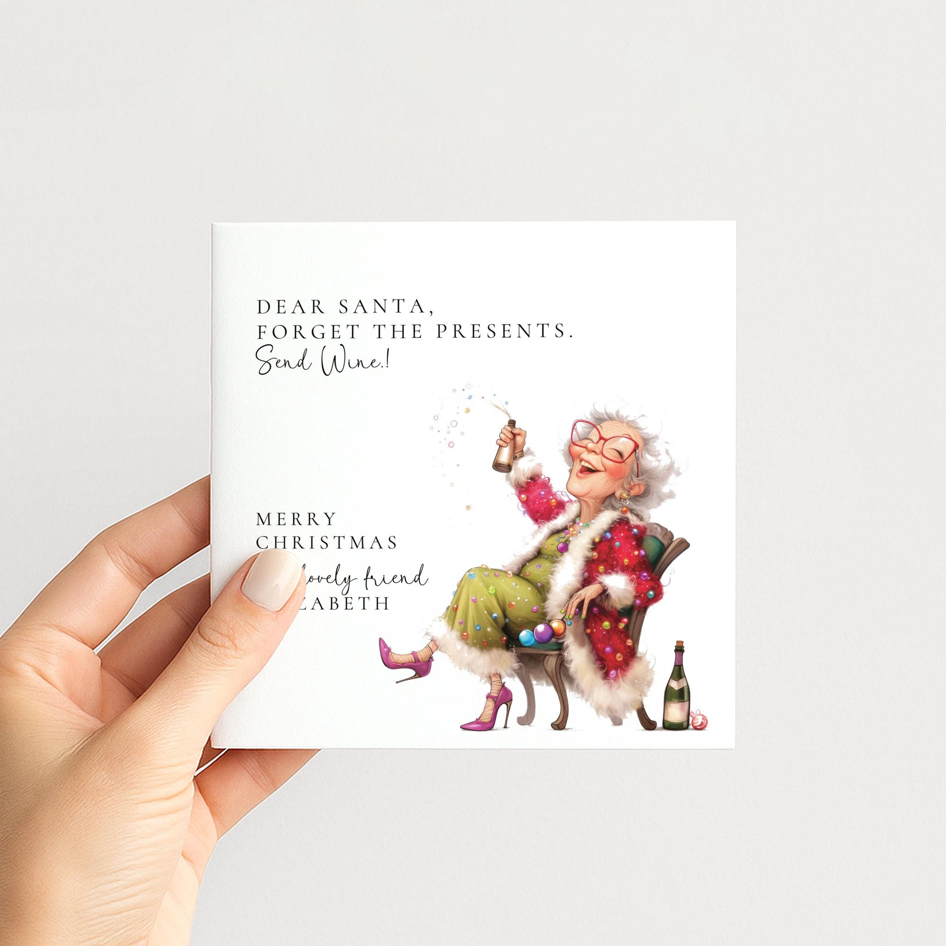 A funny fizz-popping Christmas card for a friend, personalised, printed on 300gsm card