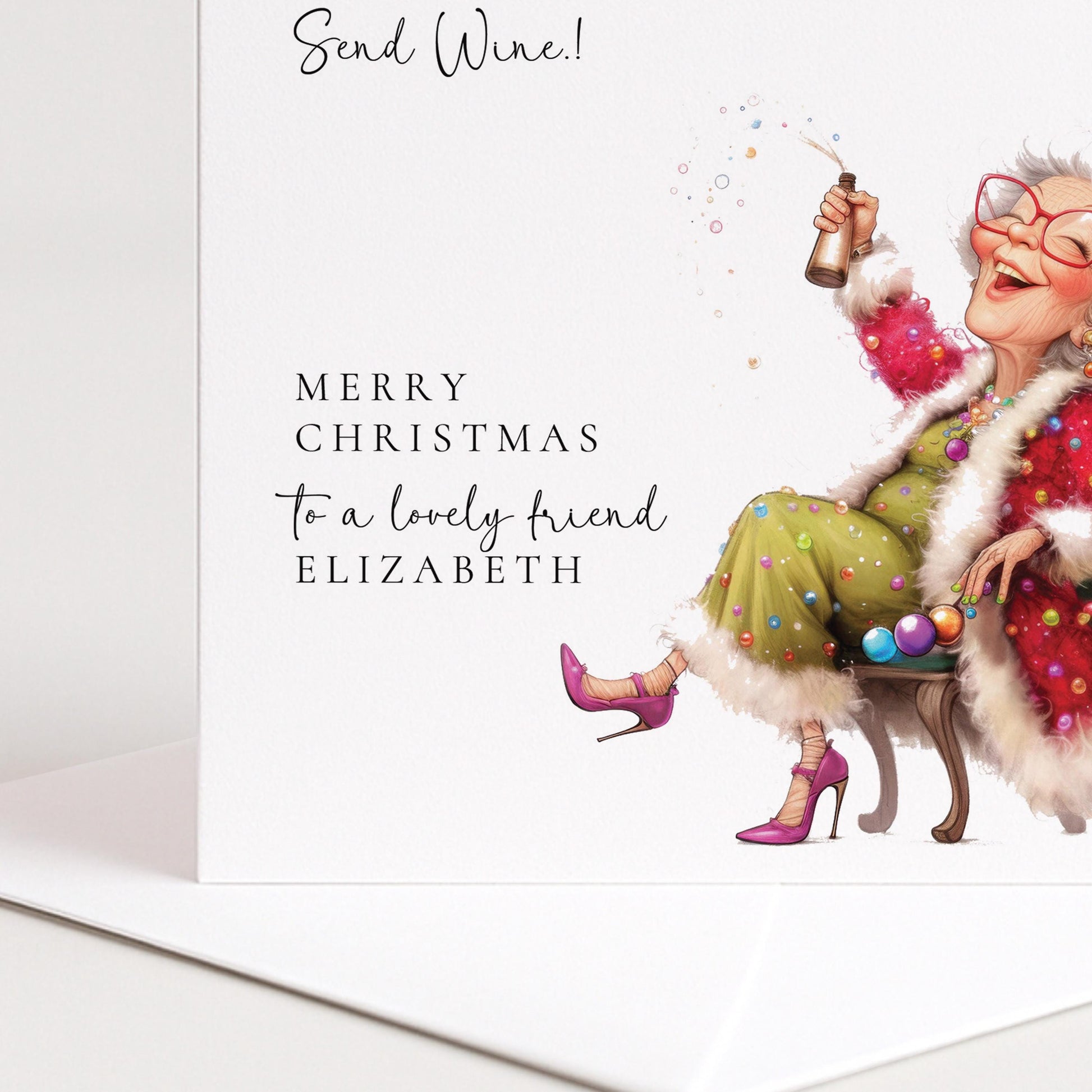 A funny fizz-popping Christmas card for a friend, personalised, printed on 300gsm card