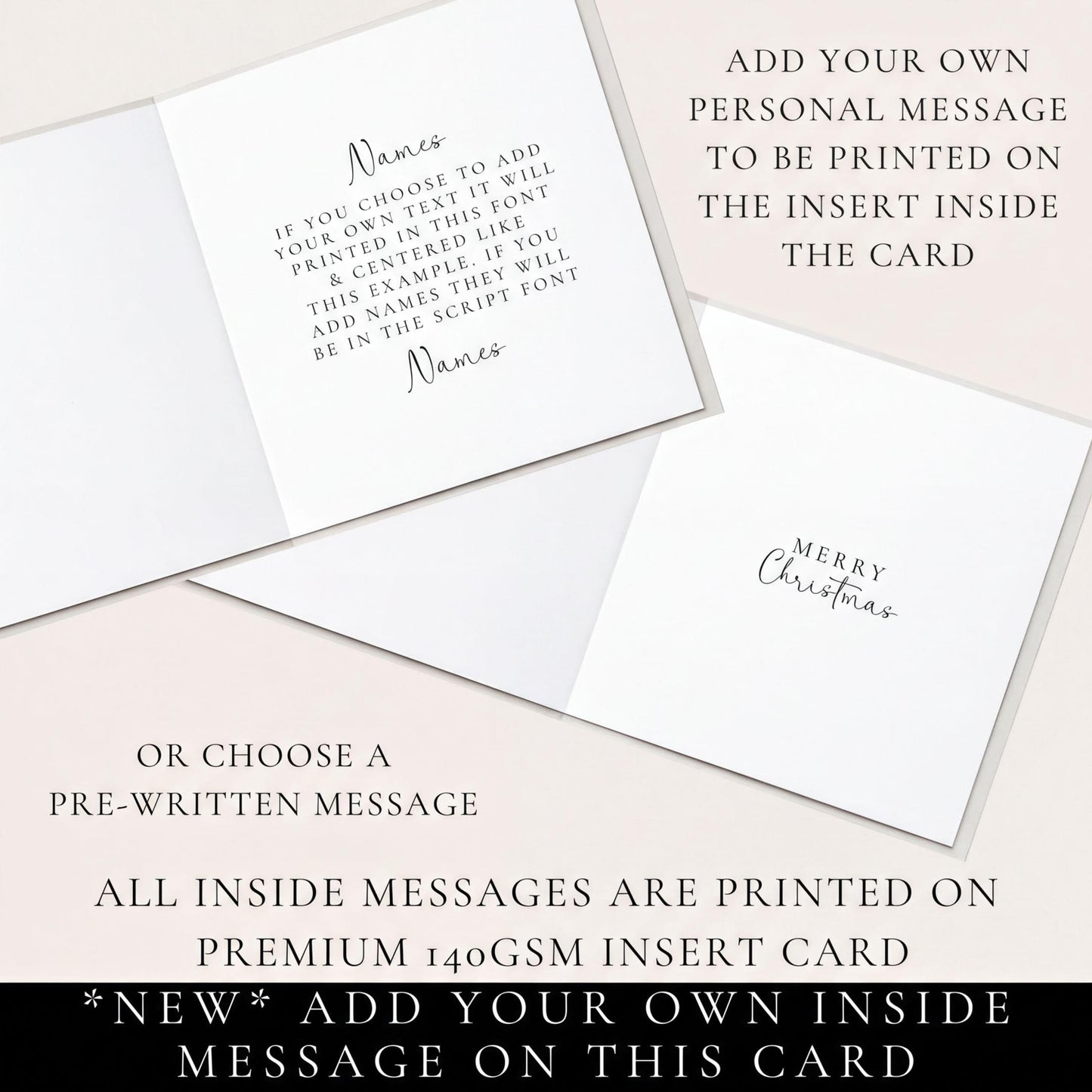 a card with instructions for adding a personal message to be printed on it. The instructions include the option to choose a pre-written message or add a personalized message. The card is printed on a premium 14GSM insert card, and all inside messages are printed on this card.