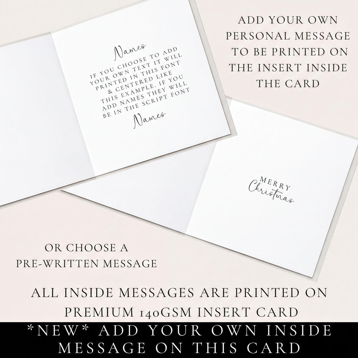 a card with instructions for adding a personal message to be printed on it. The instructions include the option to choose a pre-written message or add a personalized message. The card is printed on a premium 14GSM insert card, and all inside messages are printed on this card.