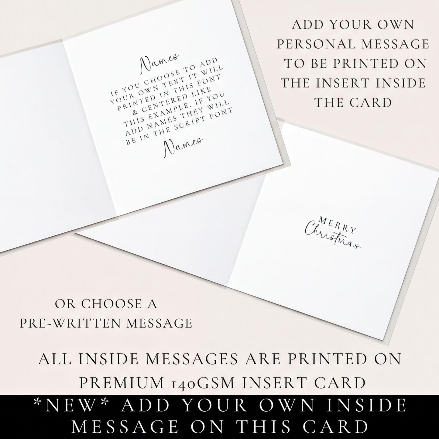 a card with instructions for adding a personal message to be printed on it. The instructions include the option to choose a pre-written message or add a personalized message. The card is printed on a premium 14GSM insert card, and all inside messages are printed on this card.