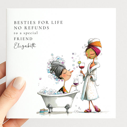 Funny Best Friend Birthday Card, Besties for Life No Refunds Personalised Card, Spa Day Friend Card, Humorous Friendship Card for Her