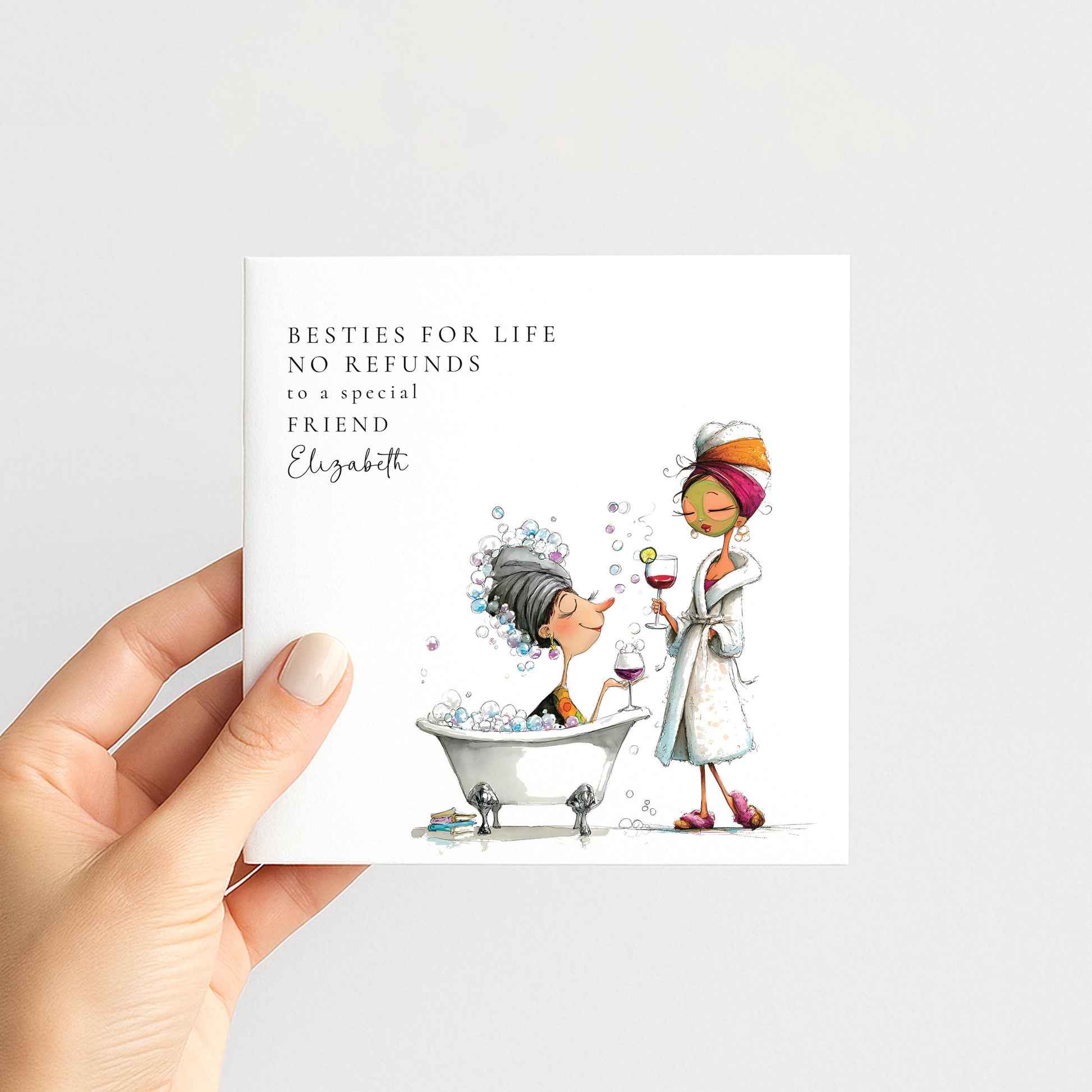 Funny Best Friend Birthday Card, Besties for Life No Refunds Personalised Card, Spa Day Friend Card, Humorous Friendship Card for Her