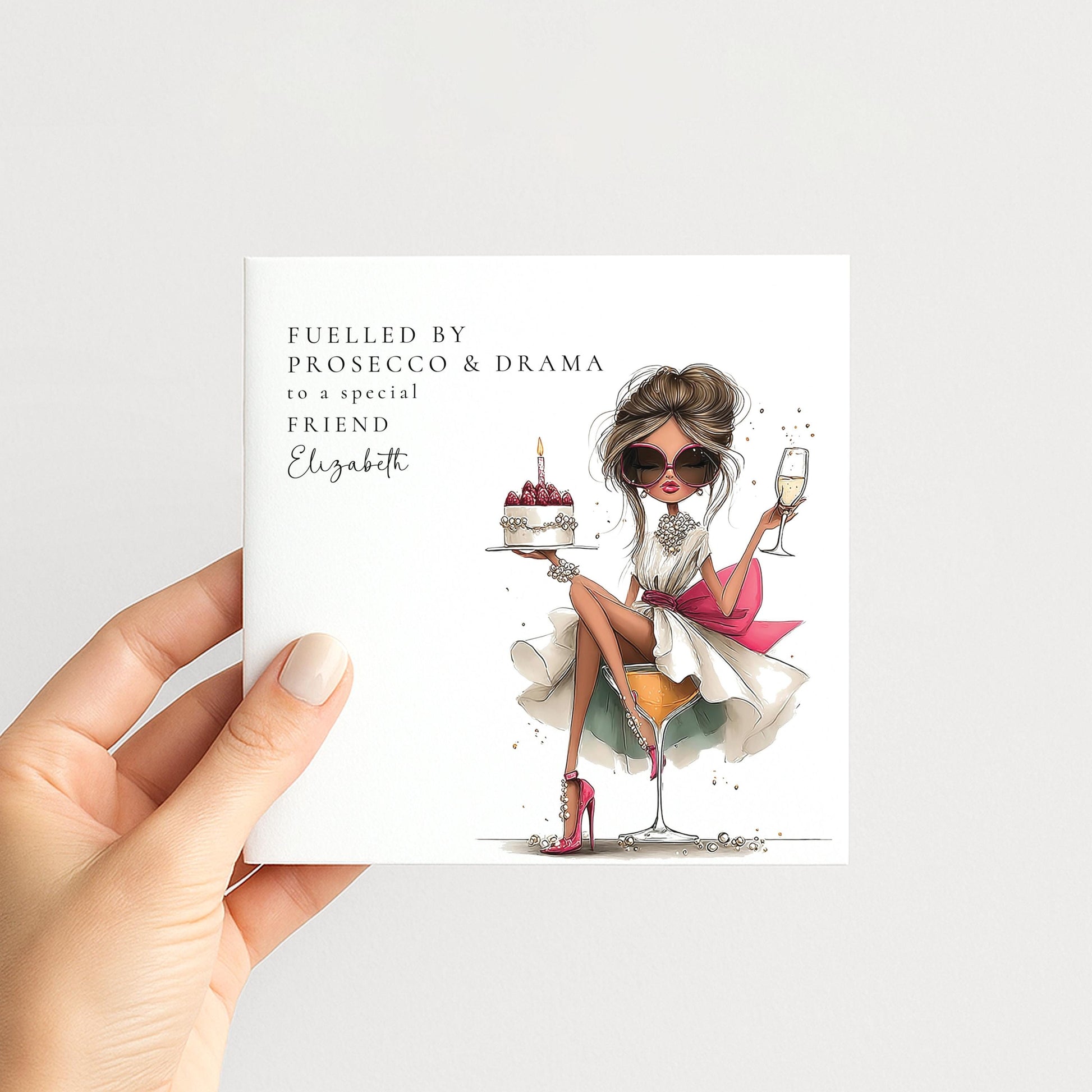 Funny Birthday Card Friend, Fuelled by Prosecco and Drama Personalised Card, Glamorous Birthday Card Her, Witty Stylish Friend Card
