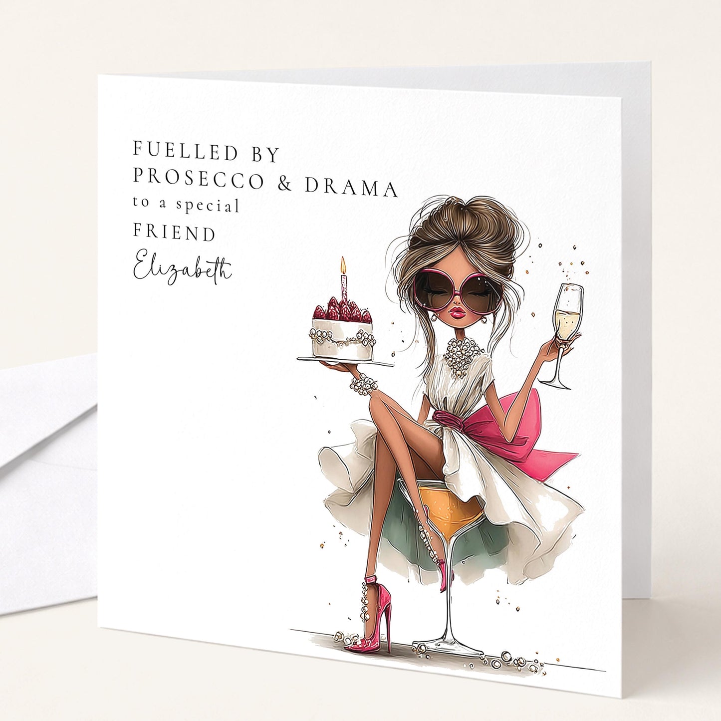 Funny Birthday Card Friend, Fuelled by Prosecco and Drama Personalised Card, Glamorous Birthday Card Her, Witty Stylish Friend Card