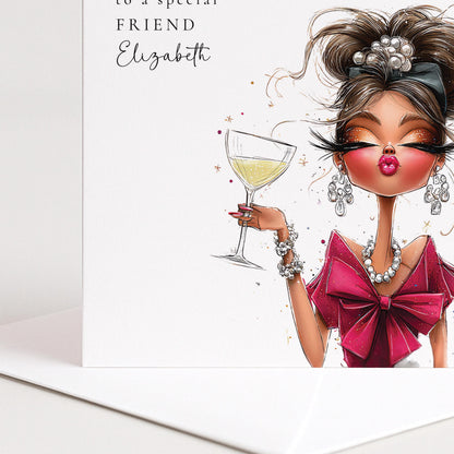 Funny Birthday Card Friend, Fuelled by Prosecco and Drama Glam Lady Card, Personalised Humorous Card Her, Witty Stylish Friend Birthday