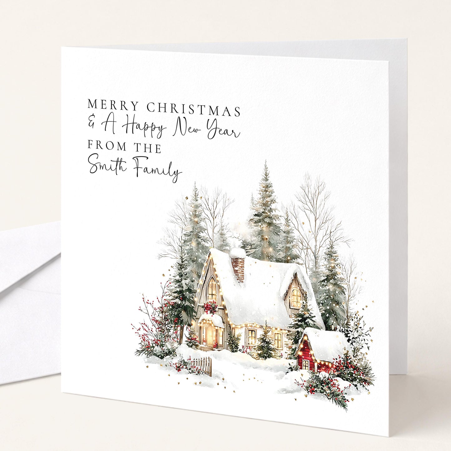 A personalised Christmas card for the whole family, elegant design with custom names, printed on 300gsm card