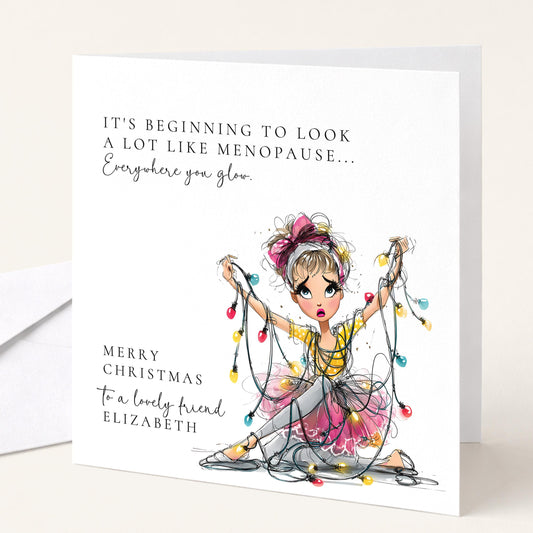 A funny menopause-themed Christmas card for a friend, personalised, printed on 300gsm card