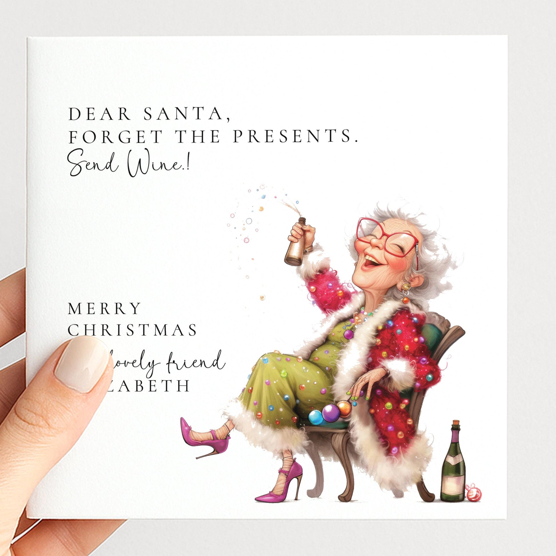 A funny fizz-popping Christmas card for a friend, personalised, printed on 300gsm card