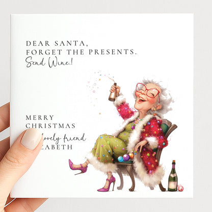 A funny fizz-popping Christmas card for a friend, personalised, printed on 300gsm card