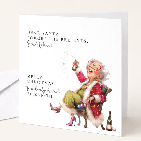A funny fizz-popping Christmas card for a friend, personalised, printed on 300gsm card
