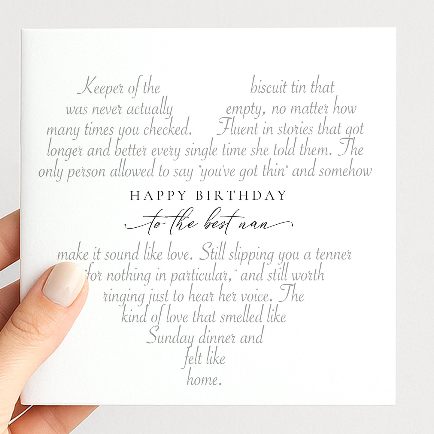 Birthday Nan Card, Heart Shaped Poem Verse Sentimental Card for Nan Elegant Script 300gsm Card UK Made