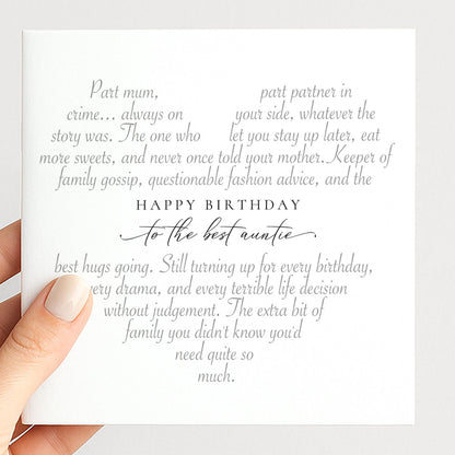 Personalised Auntie Birthday Card, Heart-Shaped Poem Verse, Funny Witty Card for Auntie, Elegant Script, 300gsm, UK Made