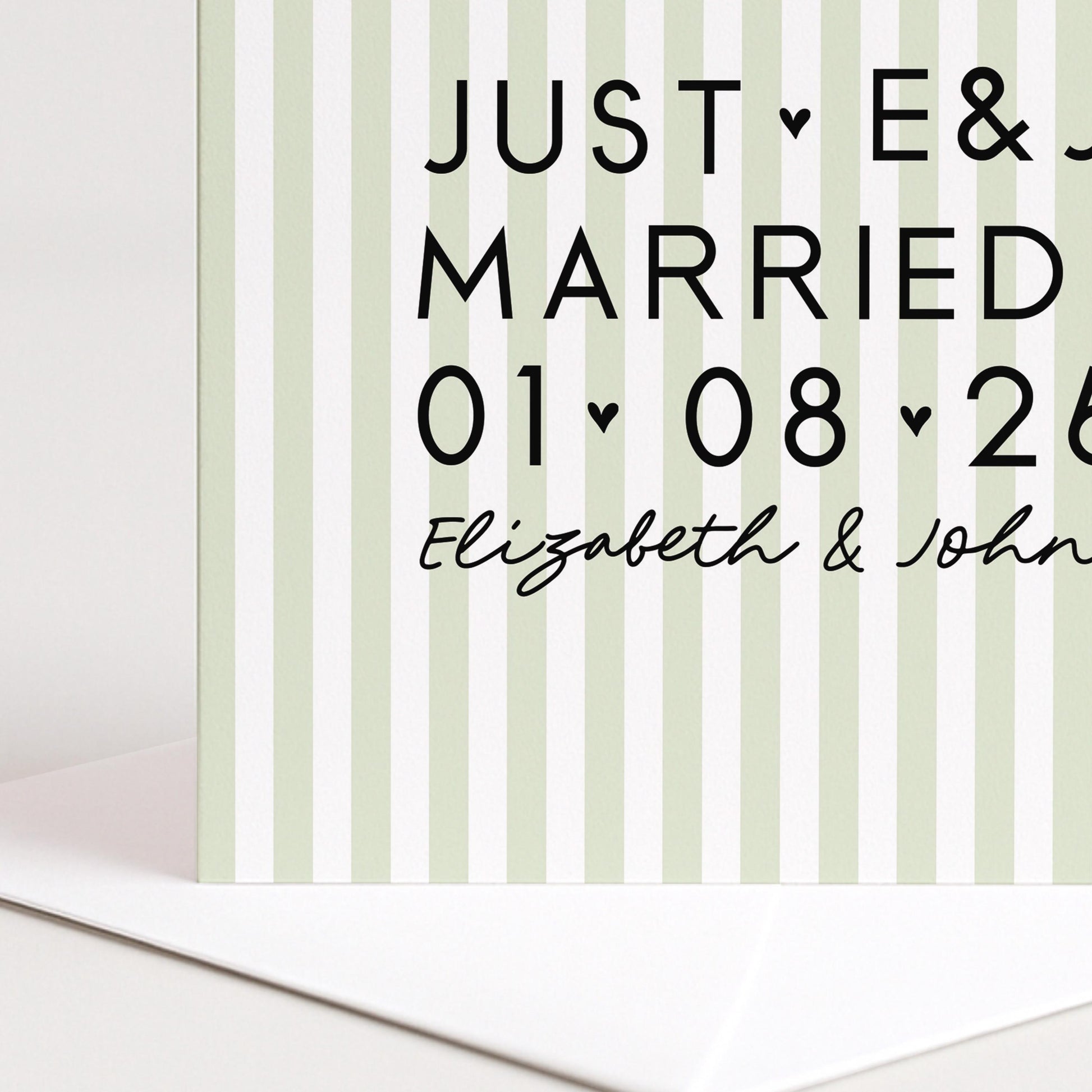 Personalised Wedding Card Sage Green Stripe Just Married Initials Date Names Elegant