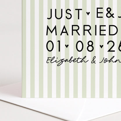 Personalised Wedding Card Sage Green Stripe Just Married Initials Date Names Elegant