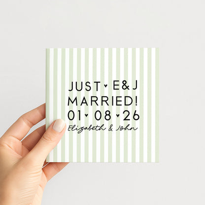 Personalised Wedding Card Sage Green Stripe Just Married Initials Date Names Elegant