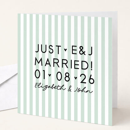 Personalised Wedding Card Aqua Stripe Just Married Initials Date Names Elegant