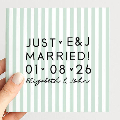Personalised Wedding Card Aqua Stripe Just Married Initials Date Names Elegant