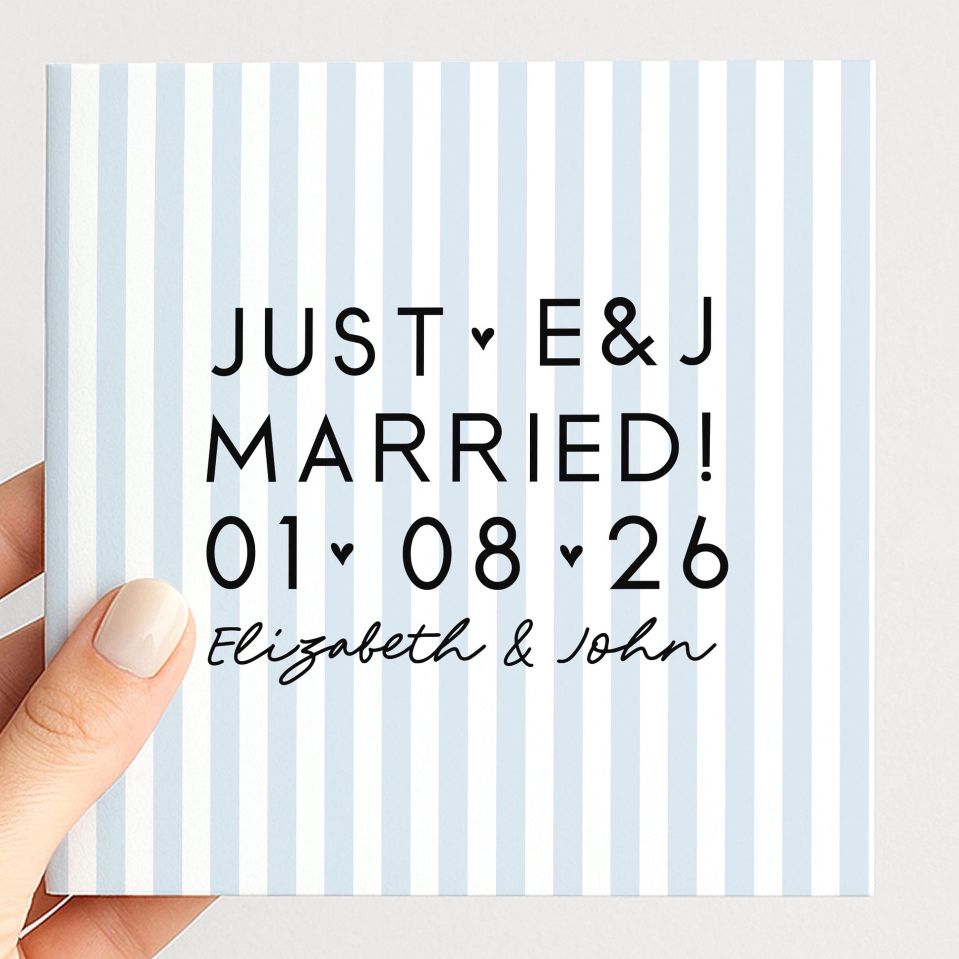 Personalised Wedding Card Blue Stripe Just Married Initials Date Names Modern