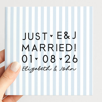 Personalised Wedding Card Blue Stripe Just Married Initials Date Names Modern