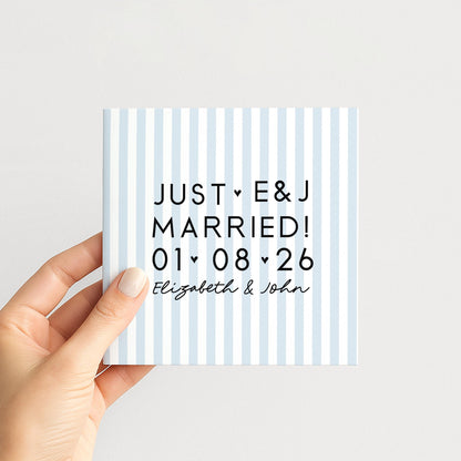 Personalised Wedding Card Blue Stripe Just Married Initials Date Names Modern