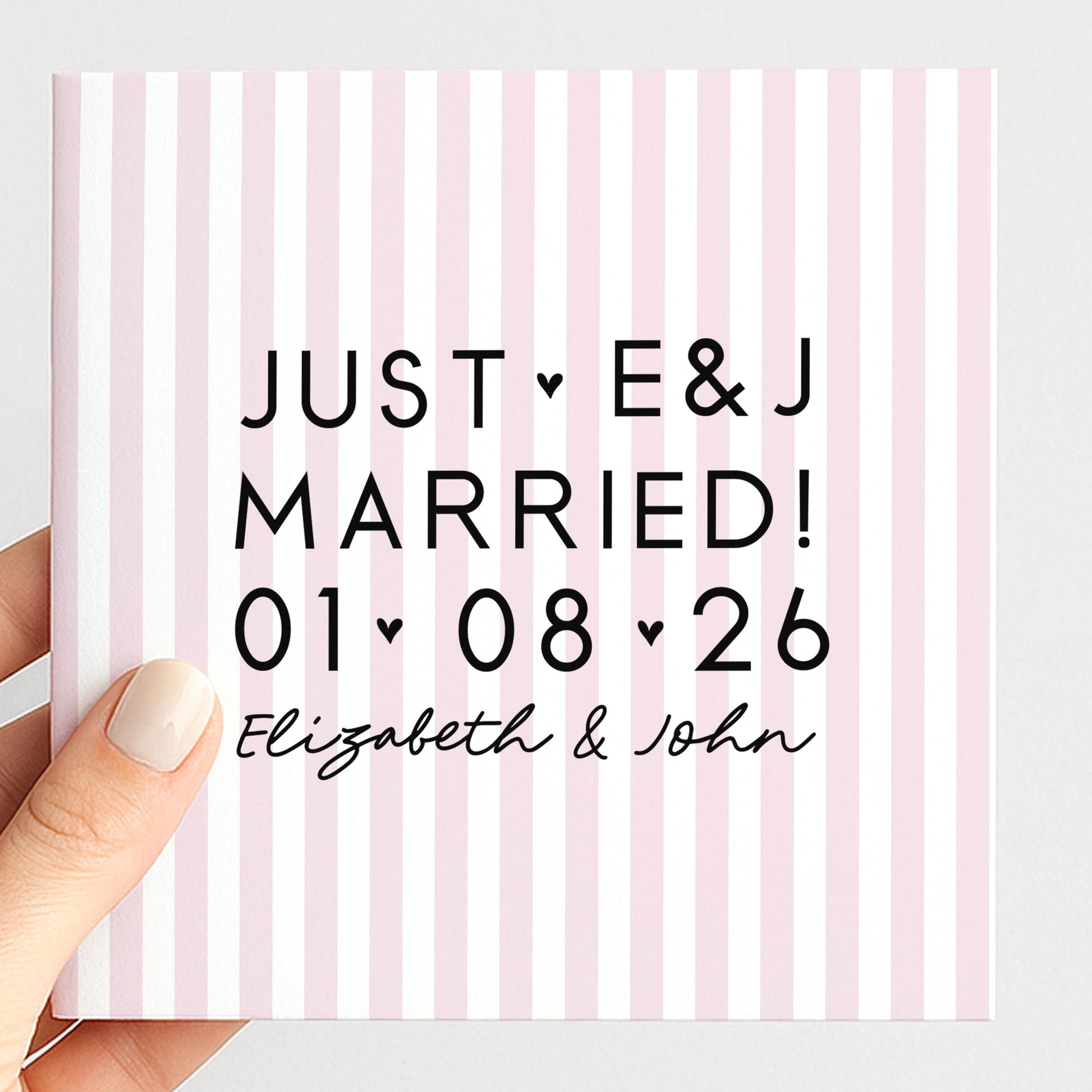Personalised Wedding Card Pink Stripe Just Married Initials Date Names Elegant