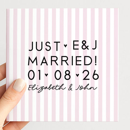 Personalised Wedding Card Pink Stripe Just Married Initials Date Names Elegant