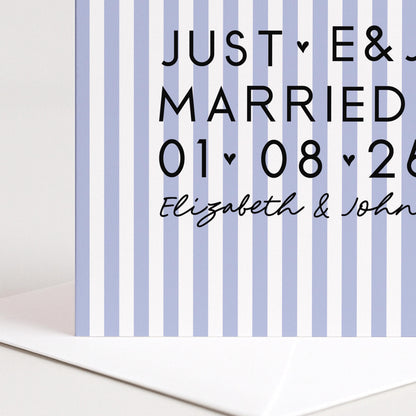 Personalised Wedding Card Purple Stripe Just Married Initials Date Names