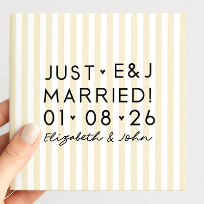 Personalised Wedding Card Yellow Stripe Just Married Initials Date Names
