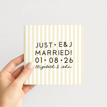 Personalised Wedding Card Yellow Stripe Just Married Initials Date Names