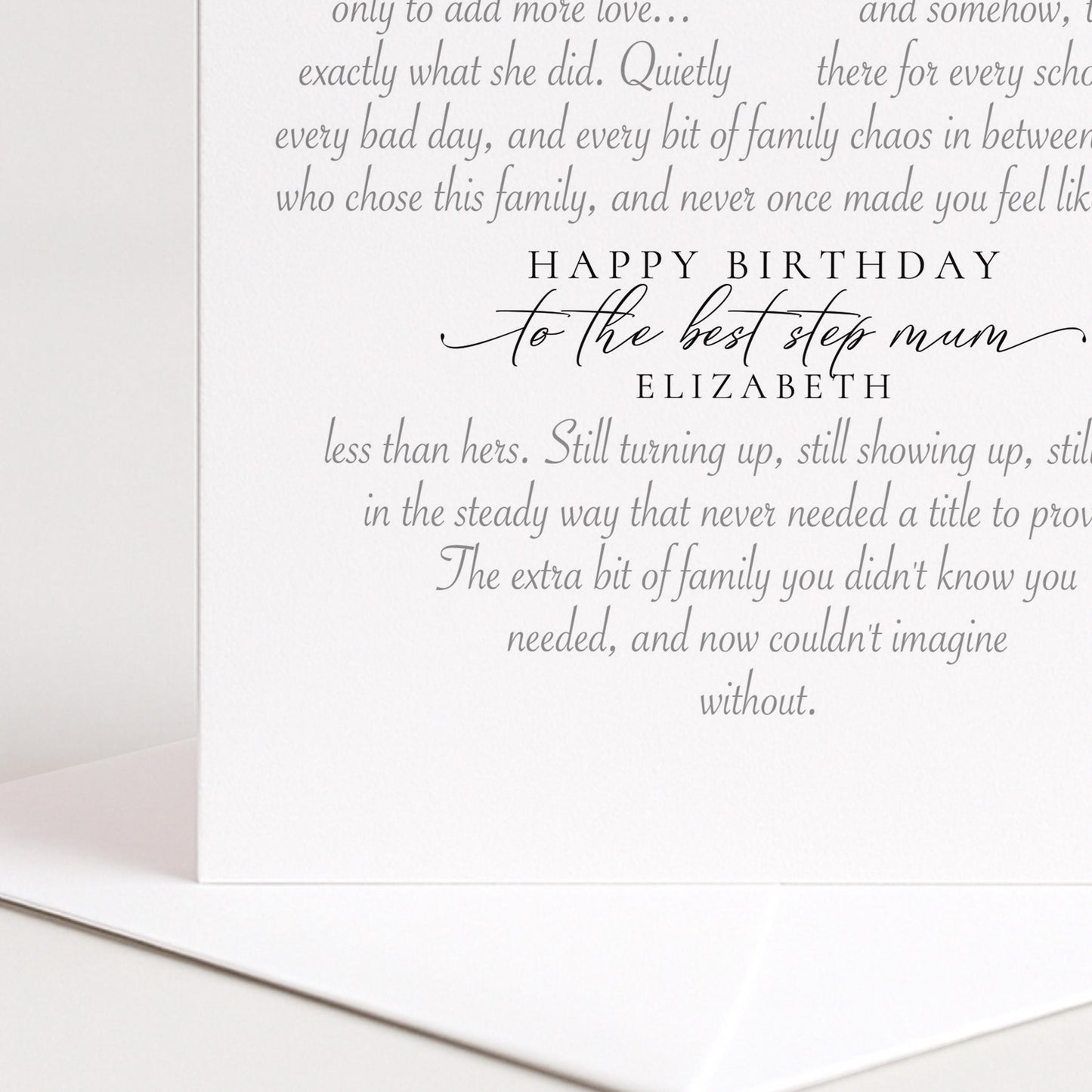 Personalised Step Mum Birthday Card Heart Shaped Poem Verse Sentimental Card Elegant Script 300gsm UK Made