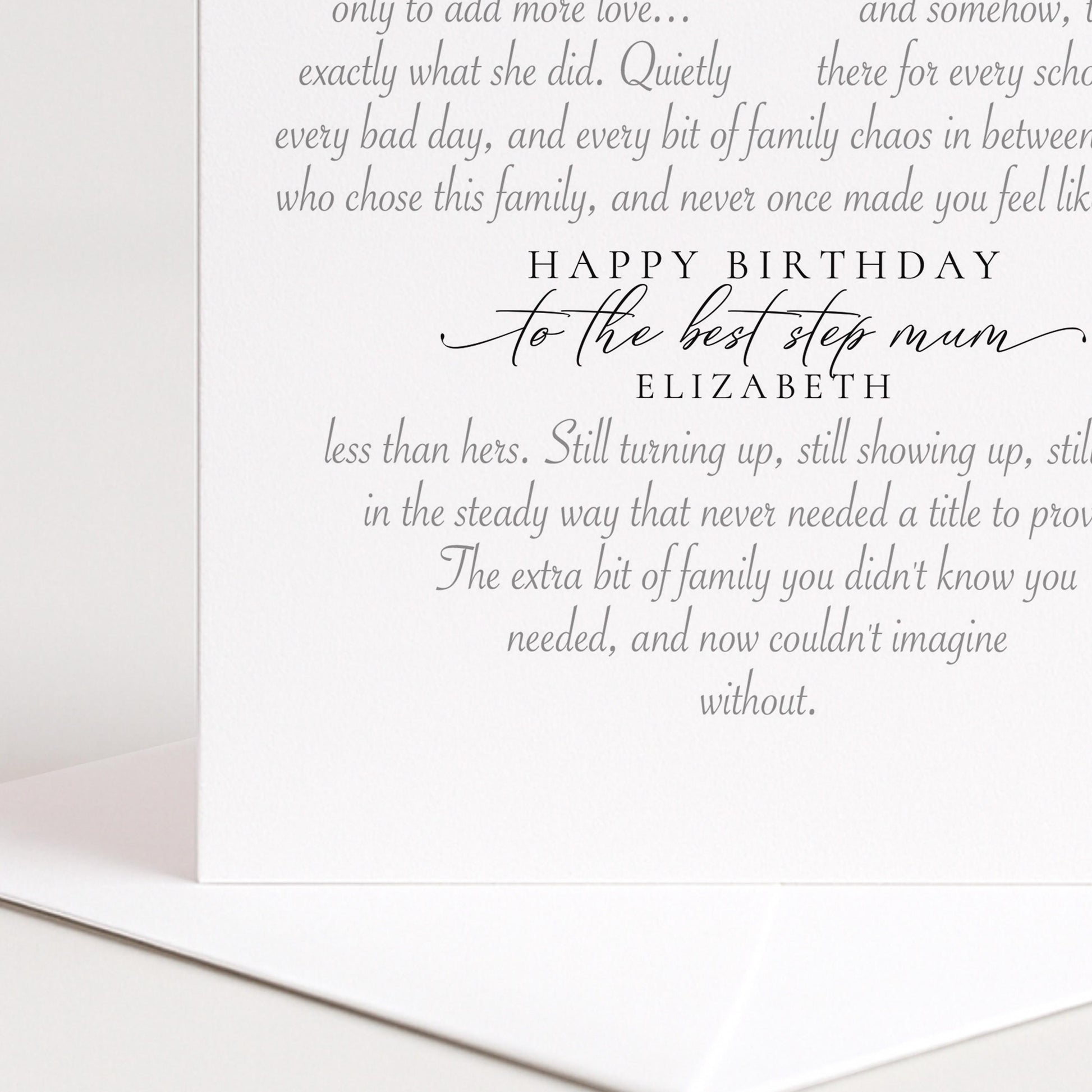 Personalised Step Mum Birthday Card Heart Shaped Poem Verse Sentimental Card Elegant Script 300gsm UK Made