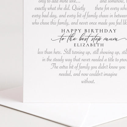 Personalised Step Mum Birthday Card Heart Shaped Poem Verse Sentimental Card Elegant Script 300gsm UK Made