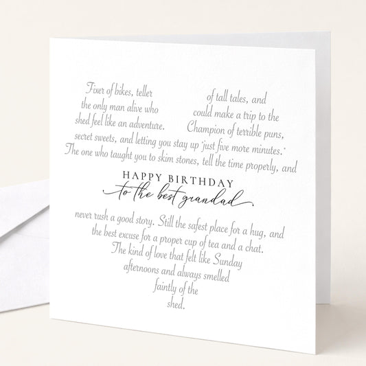 Personalised Grandad Birthday Card Heart Shaped Poem Verse Sentimental Card for Grandad Elegant Script 300gsm UK Made