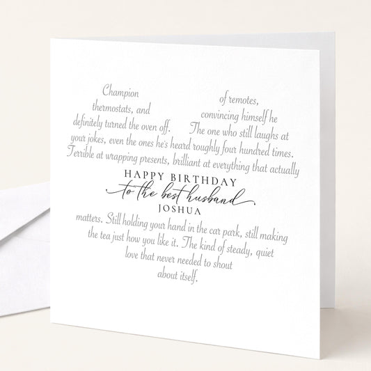 Personalised Husband Birthday Card Heart Shaped Poem Verse Funny Witty Card for Husband Elegant Script 300gsm UK Made
