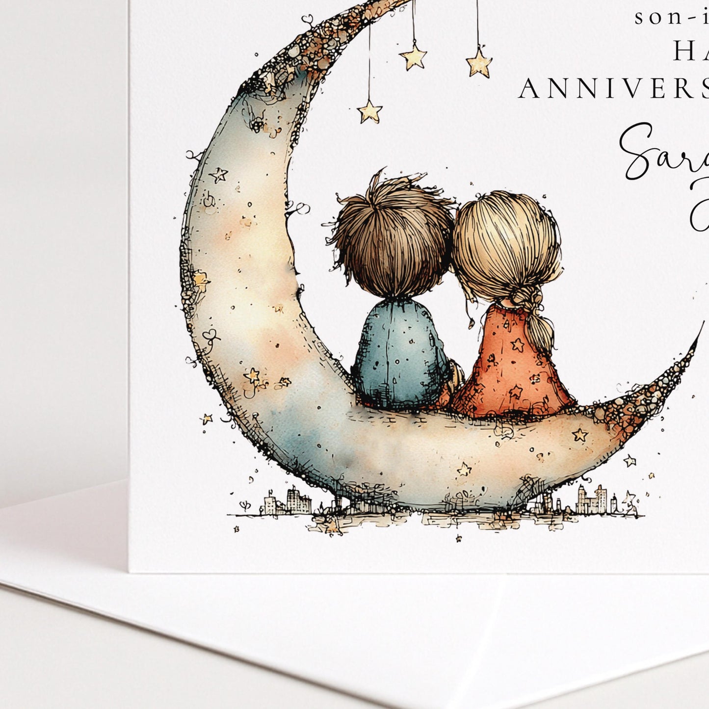 An elegant anniversary card for daughter & son-in-law, personalised with names, printed on 300gsm card