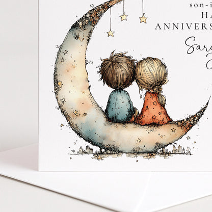 An elegant anniversary card for daughter & son-in-law, personalised with names, printed on 300gsm card