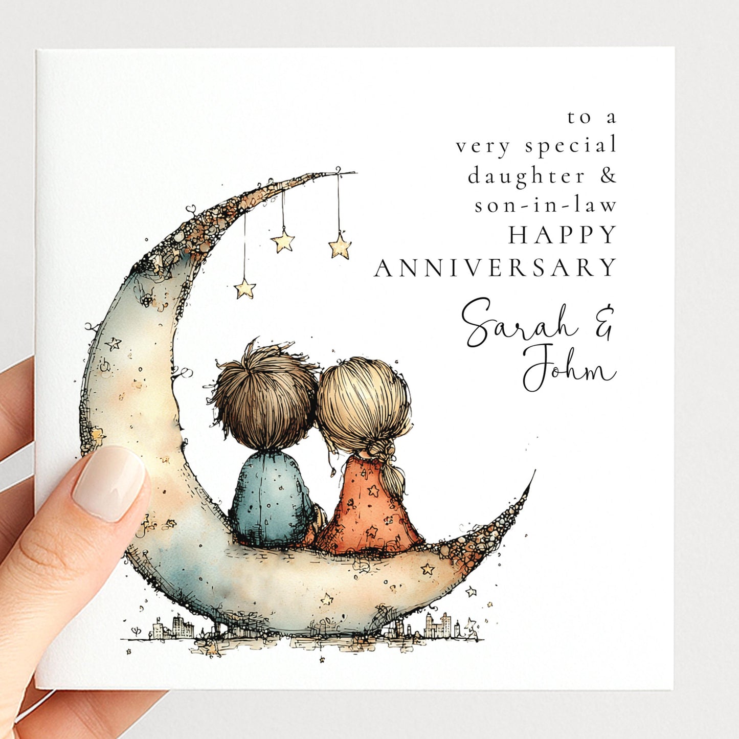 An elegant anniversary card for daughter & son-in-law, personalised with names, printed on 300gsm card