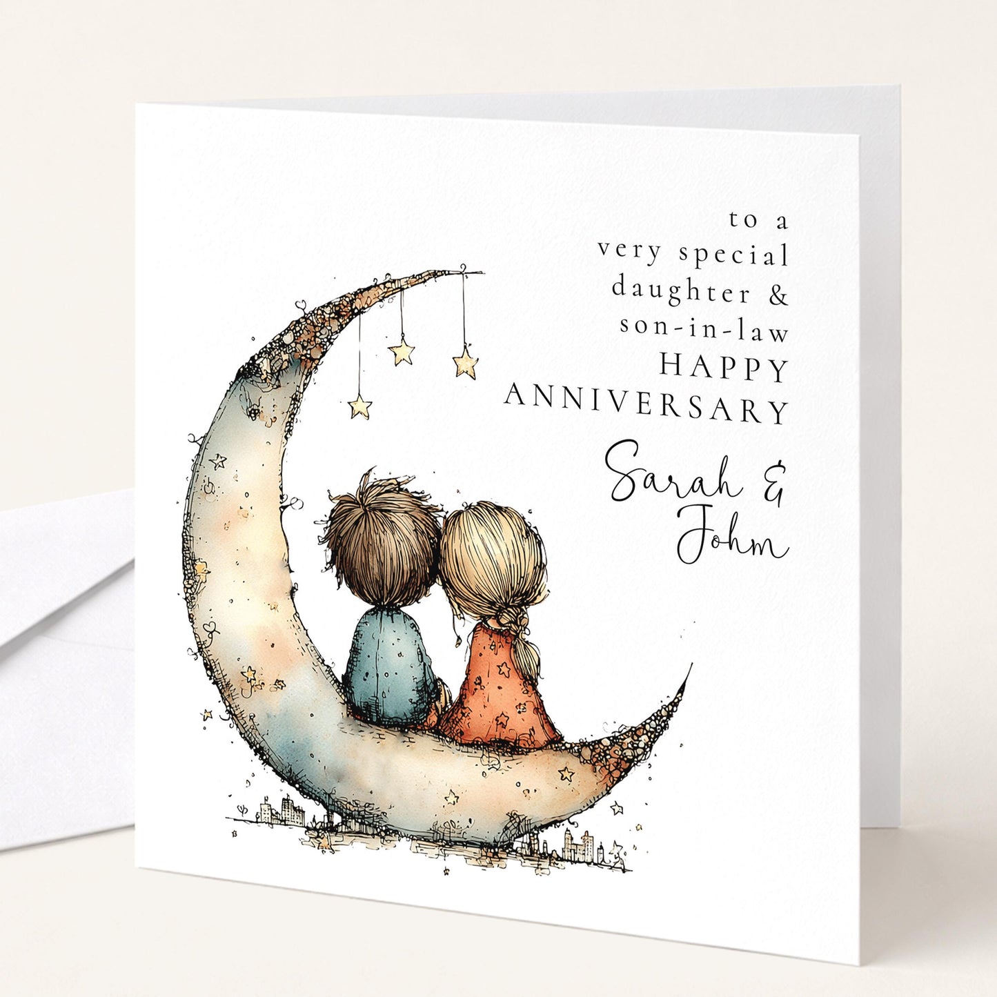 An elegant anniversary card for daughter & son-in-law, personalised with names, printed on 300gsm card